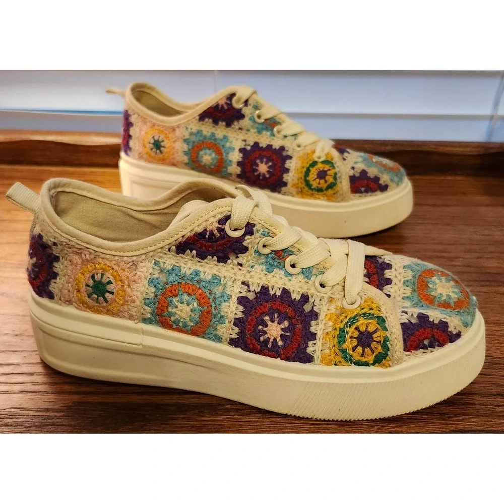 Mata Shoes Crochet Granny Square Platform Sneakers Multicolored Boho Womens 6